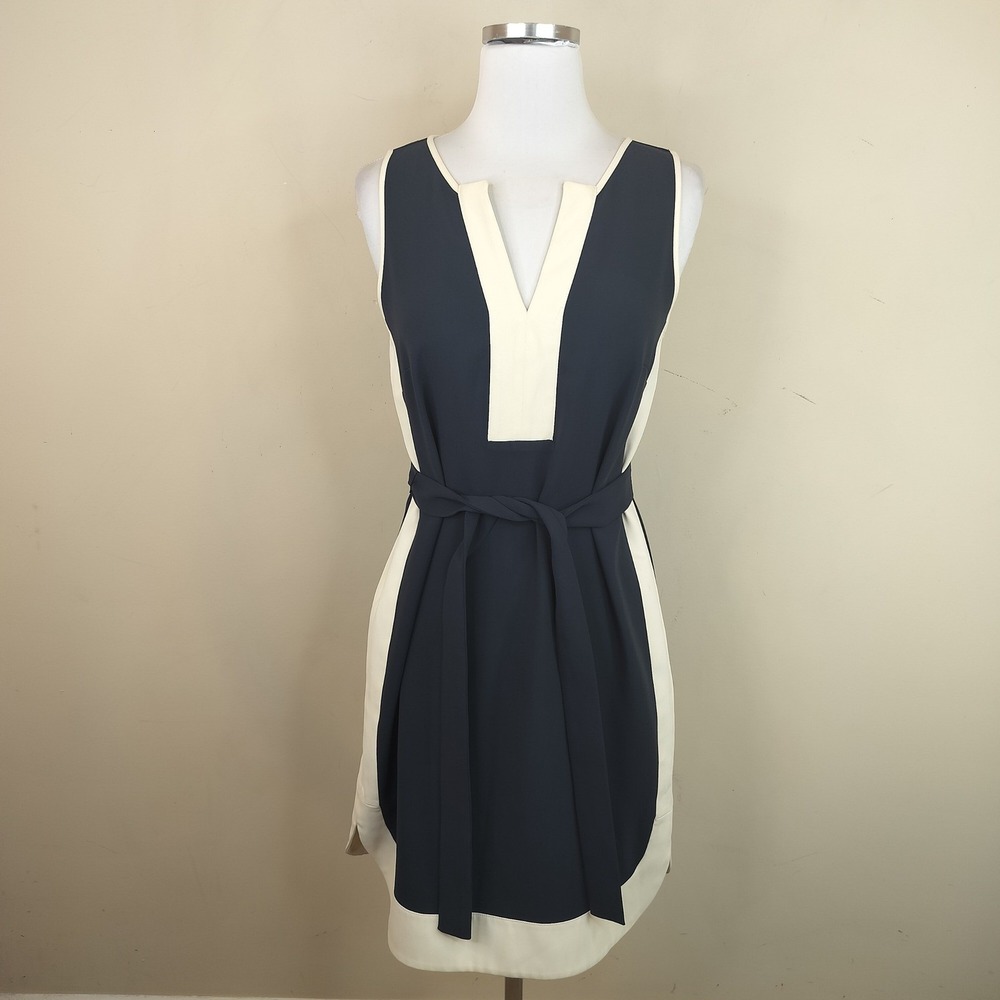 Ann Taylor Belted Shift Dress Womens Small Colorblock Navy Ivory Career Chic